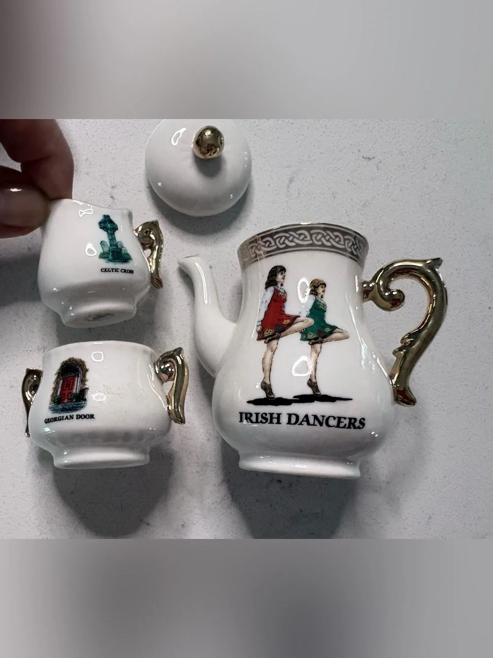 Iconic Ireland Irish Dancers White Porcelain Miniature Tea Set handpainted